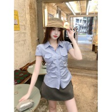 批发减龄条纹短袖衬衫女夏季显瘦百搭设计感褶皱上衣