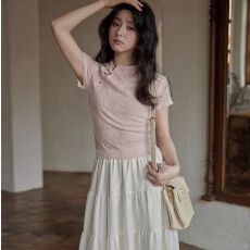 批发新中式国风粉色盘扣立领短袖<b class='q'>t</b><b class='q'>恤</b>女夏短款上衣
