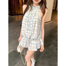 法式减龄蝴蝶结格子挂脖连衣裙女夏季气质休闲显瘦小众A字裙短裙