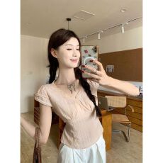 批发甜美风蕾丝粉色拼接V领修身短袖T恤夏季