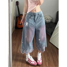 批发2026巨好看的牛仔裤<b class='q'>女</b>夏季星星趣味小猫刺绣个性小众阔脚七分裤子