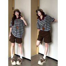 批发休闲<b class='q'>运动服</b>套装女夏季宽松设计感撞色条纹POLO衫短袖短裤两件套