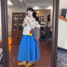 批发多巴胺度假风休闲<b class='q'>运动服</b>套装女夏季刺绣泡泡短袖衬衫长裙两件套