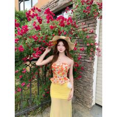 批发海边度假多巴胺黄色碎花抹胸<b class='q'>连衣裙</b>女巨好看氛围感<b class='q'>沙滩</b>长裙套装女