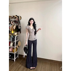 WESTAYONE飞飞袖针织短袖女小上衣+波点休闲微喇裤