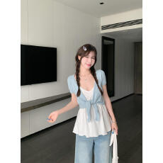批发morning bloom绑带短袖针织<b class='q'>开衫</b>女夏季无领百搭设计感短款上衣