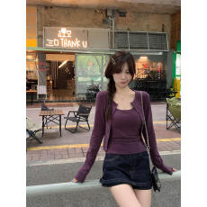 批发morning bloom温柔风紫色长袖<b class='q'>开衫</b>+吊带背心套装女夏季穿搭两件套