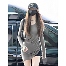 批发张元英同款不规则设计感灰色<b class='q'>长袖</b><b class='q'>T</b><b class='q'>恤</b>女夏修身显瘦防晒衫掐腰上衣