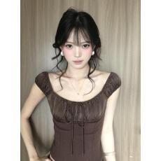 批发Ariseism 美式复古黑色抽绳一字肩短袖t恤女夏季新款修身露肩<b class='q'>上衣</b>