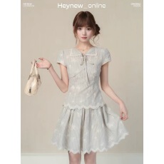 批发HEYNEW自制夏季蝴蝶系带条纹两件套套装<b class='q'>娃娃领</b>绣花衬衫直筒半身裙