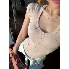 批发PPHOME自制~波点小记 韩系纯欲蝴蝶结U领夏T恤修身百搭短袖上衣<b class='q'>女</b>