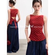 批发宋正恩韩系红色波点<b class='q'>吊带</b>背心女夏季法式修身内搭外穿无袖小上衣