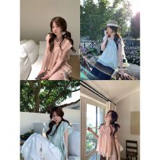 批发PtonUmi仲夏晚风 莱赛尔飘带大圆领短袖衬衫女韩版<b class='q'>上装</b>夏日小上衣