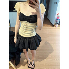 Ruanrui 杏仁薄纱*拼接撞色网纱小飞袖芭蕾风ins抽褶弹力吊带上衣