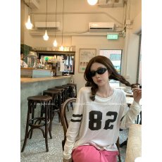 批发番茄侠慵懒球衣 莱赛尔亚麻米杏色圆领印花<b class='q'>长袖</b>t恤女条纹防晒上衣