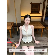 批发【Farte Shop】慢奢旋律 杏色polo领无袖马甲衬衫女春夏修身<b class='q'>上衣</b>