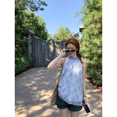 批发Tuuuh图画本 法式复古挂脖吊带格子连衣裙女<b class='q'>夏季</b>宽松百搭度假裙