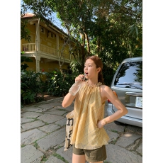 批发Tuuuh图画本【冰格甜茶】蓝格纹挂脖上衣女夏气质宽松无袖小衫