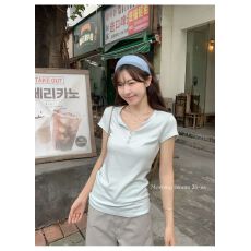 批发morning bloom亨利领纽扣正肩短袖t恤女<b class='q'>夏季</b>穿搭独特漂亮气质上衣