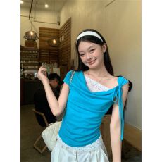 批发宋正恩蓝色波点假两件短袖T恤女<b class='q'>夏季</b>修身显瘦收腰荡领设计感上衣