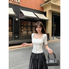 批发美式辣妹风蕾丝拼接绑带方领五分袖T恤女<b class='q'>夏季</b>纯欲收腰短款上衣ins