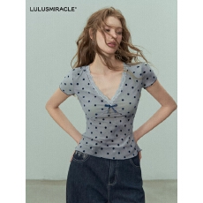 LulusMiracle心动电台2.0爆！显瘦时尚气质夏波点短袖上衣T恤