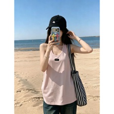 批发韩系粉色U领吊带背心女装夏季巨好看设计感纯欲宽松休闲无袖上衣