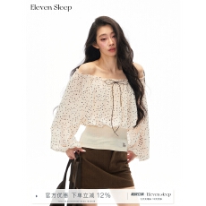批发ELEVEN SLEEP波点一字肩<b class='q'>雪纺衫</b>泡泡袖木耳边收腰长袖t恤上衣女秋