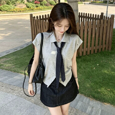 批发学院风套装翻领针织短袖T恤女夏季牛仔半身裙高腰<b class='q'>短裙</b>时尚两件套