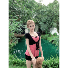 批发JOYKIKI鹅了么【少女心事】夏季波点蕾丝甜美少女吊带上衣套装