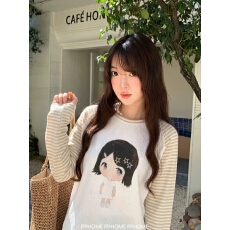 批发PPHOME自制~Q版女孩！可爱萌趣条纹拼色插肩印花长袖T恤打底上衣