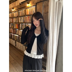 批发PPHOME自制~波点协奏曲 v领扭结长袖T恤女韩系花边减龄假两件上衣
