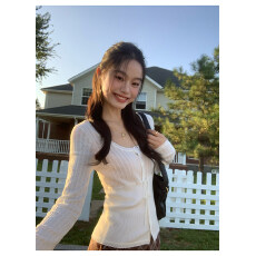 批发pusumede 元气质感 韩系u领长袖针织开衫女休闲别致弹力修身上衣