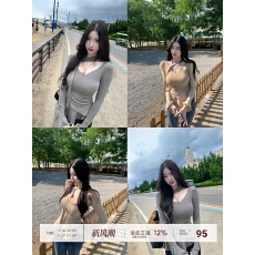批发【Farte Shop】感官留白 V领飘带喇叭袖抽褶T恤女春秋收腰上衣