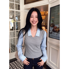 灰色条纹假两件拼接长袖衬衫女春秋2026新款设计感修身显瘦上衣
