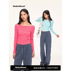 批发UnderStress 炒盐长袖T恤正肩船领女修身显瘦短款打底衫上衣秋