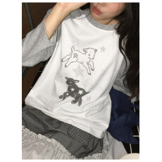 批发你好卡农 拼色插肩圆领长袖T恤女早秋<b class='q'>日系</b>小众小羊印花内搭上衣