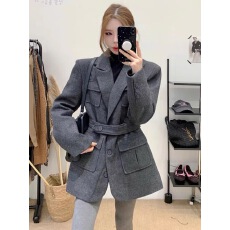 批发韩系设计感翻领毛呢西装外套女<b class='q'>冬</b>季新款时尚气质宽松收腰显瘦西服
