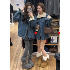 批发2025<b class='q'>秋</b>冬新款美式复古水洗宽松加绒羊羔毛牛仔外套女翻领夹克上衣