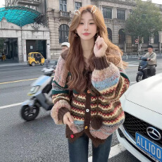 批发慵懒风宽松撞色长袖毛衣外套女秋冬新款复古气质连帽针织开衫上衣