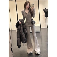 批发极简风气质修身连帽针织上衣长<b class='q'>裤</b>女装2025秋冬新款休闲时尚两件套