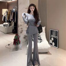 批发<b class='q'>时尚</b>休闲套装女秋冬季韩系不规则抽绳收腰上衣高腰阔腿长裤两件套