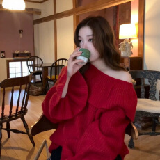 批发新年圣诞红色<b class='q'>荷叶边</b>一字肩<b class='q'>毛衣</b>女秋冬韩系氛围感宽松显瘦针织上衣