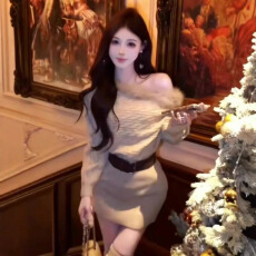 批发法式千金感一字肩毛毛<b class='q'>拼接</b>针织<b class='q'>连衣裙</b>女秋冬气质收腰显瘦包臀短裙