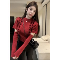 批发2025年秋冬新款韩版时尚百搭圆领短袖针织衫女宽松显瘦毛衣配袖套