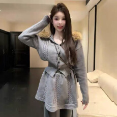 批发毛毛领连帽针织开衫外套麻花半身裙两件套女秋冬约会穿搭时尚套装