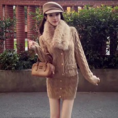 批发复古风毛领绞花针织衫上衣显瘦半裙两件套女秋冬新款气质时尚套装