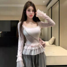 批发韩系甜美<b class='q'>荷叶边</b>加厚磨毛长袖T恤女秋冬新款修身显瘦内搭打底上衣