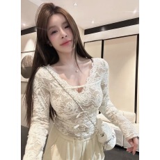 批发纯欲风蕾丝蝴蝶结v领<b class='q'>长袖</b>T恤女冬季性感辣妹修身显瘦内搭打底<b class='q'>上衣</b>