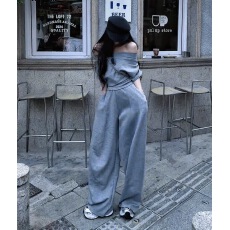 批发灰色露肩短袖<b class='q'>卫衣</b>套装女夏季新款设计感高腰宽松阔脚裤休闲两件套